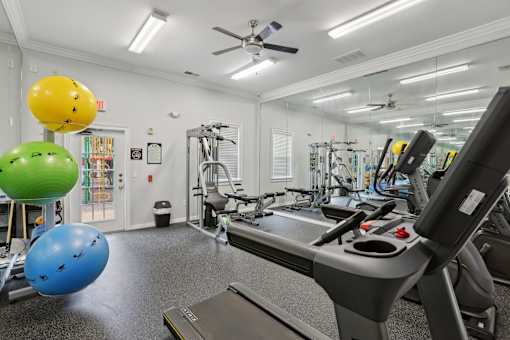 A gym with a treadmill, exercise balls, and other equipment.