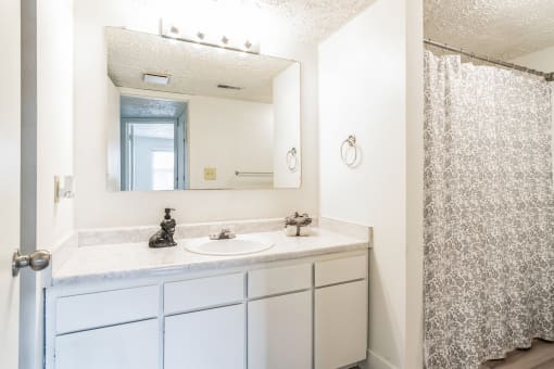 a bathroom with a sink and a mirror and a shower curtain