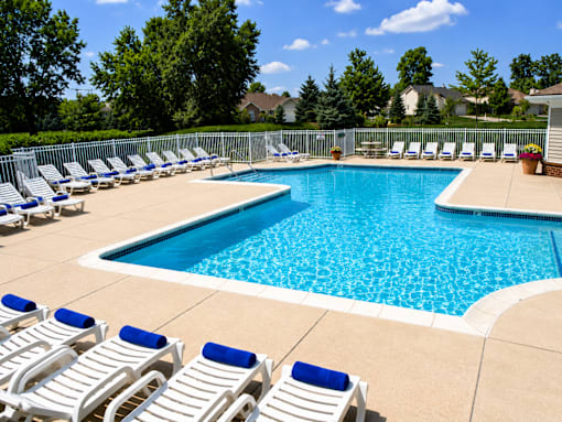 A pool surrounded by sun loungers on a sunny day.