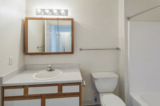 a bathroom with a toilet sink and mirror and a shower