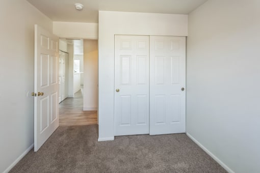 a bedroom with two closets and a door to a hallway