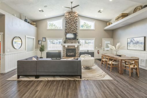a living room with a fireplace and a couch