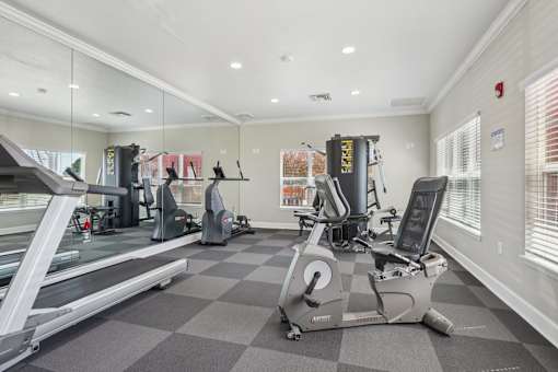 A gym with a treadmill, elliptical machines, and a weight machine.