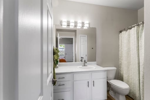 a bathroom with a sink toilet and a mirror