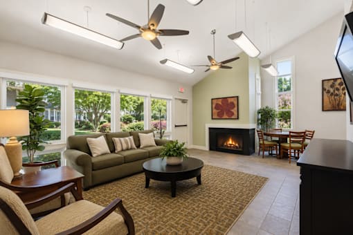 A living room with a fireplace and a couch.