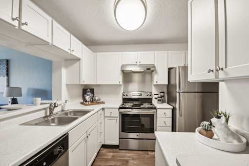 A modern kitchen with white cabinets and stainless steel appliances.