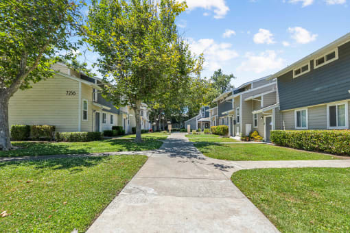 a sidewalk between two rows of houses with grass and trees