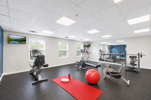 A gym with a red mat, a red ball, and a red yoga mat.