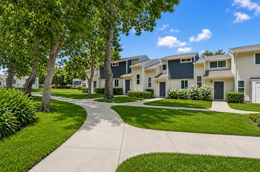 A row of houses with a sidewalk and greenery.