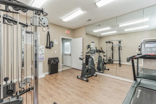 a gym with treadmills and other exercise equipments and a mirror