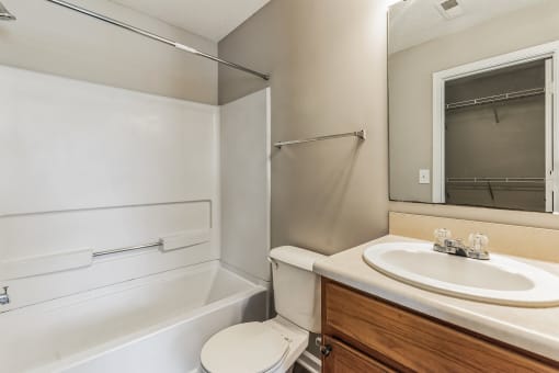 a bathroom with a sink and a toilet and a bath tub