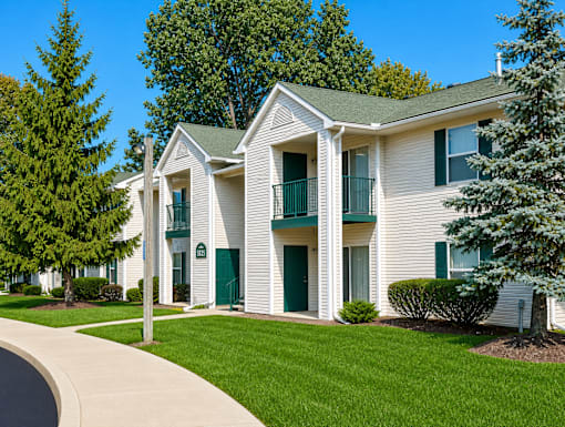 Two story apartment buildings with green trim at Northview Park Apartments, Sterling Heights, 48310