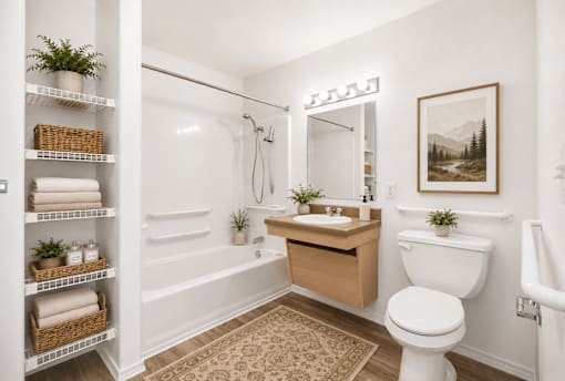 A bathroom with a white toilet, a sink, and a shower.