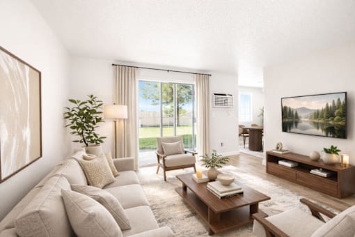 Living room with sliding glass door at Fort Lane Apartments, Layton, 84041