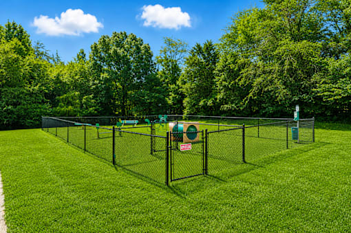 A disc golf course with a green sign and a red sign on the tee.