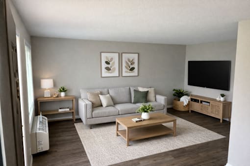 A living room with a grey couch, a wooden coffee table, and a white fan.
