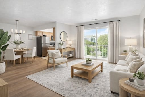 A well-lit, modern living room with a dining area and a kitchen in the background.