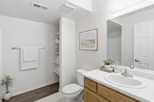 A white bathroom with a toilet, sink, and a plant. at Diamond Fork Apartments, Utah, 84660