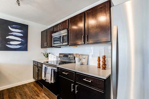 A kitchen with black cabinets and stainless steel appliances.