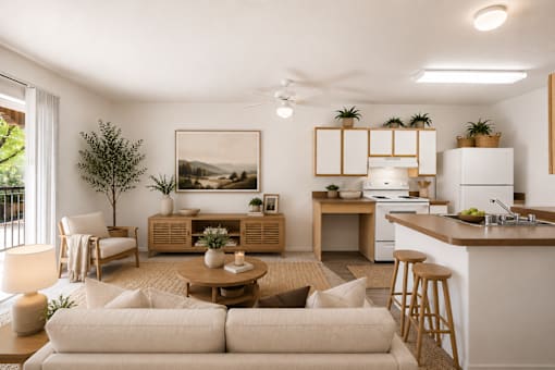A well-lit, modern living room with a neutral color scheme and a variety of furniture and decor.