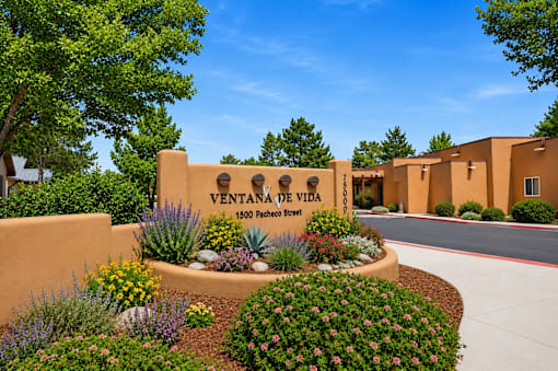 The image shows a beautifully landscaped entrance to Ventana de Vida with a clear blue sky above.