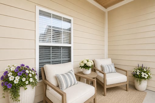 A white chair with a striped pillow is on a porch with a window and a vase of flowers.