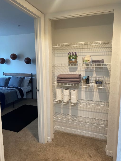 a closet with wire shelves and a bed in it