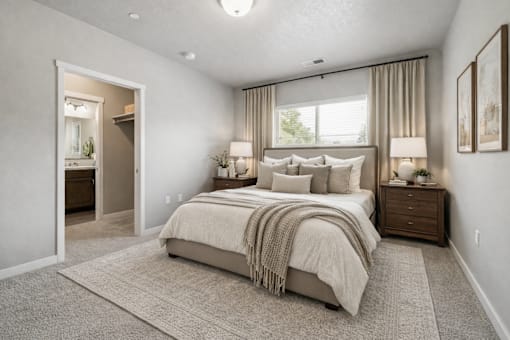 Master bedroom with ensuite bathroom access at Harper Ridge Apartments, Meridian, Idaho