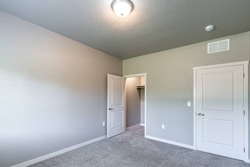 A room with a carpeted floor and two white doors.