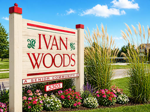 A sign for Ivan Woods Senior Community with a red and green design on the top left.