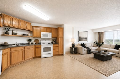 Open concept kitchen and living room with natural light at Lakewood Apartments, Minnesota