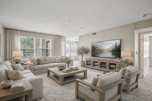 A living room with a large television and comfortable seating.