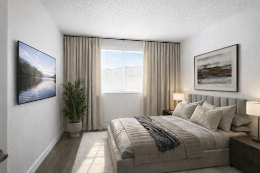 Modern bedroom with neutral tones and natural light at Fort Lane Apartments, Utah