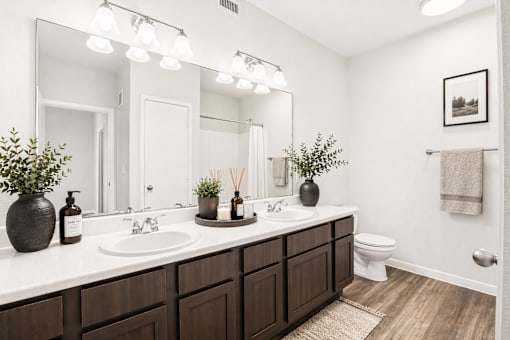 A bathroom with a white countertop and a white toilet.