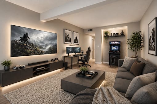 A modern living room with a large TV and a comfortable couch.
