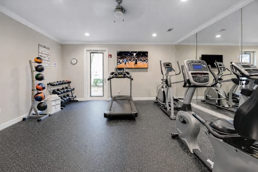 A spacious gym with a variety of equipment including treadmills, elliptical machines, and weight racks.