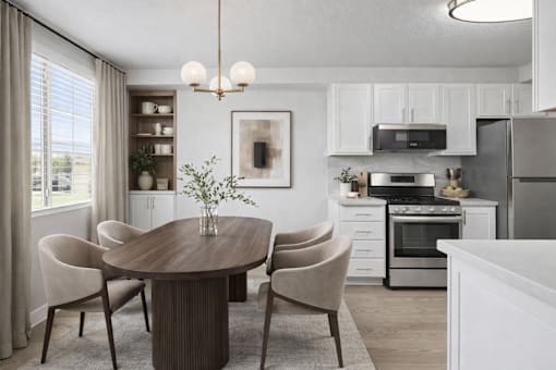 Open concept dining area and modern kitchen at Fort Lane Apartments, Utah, 84041