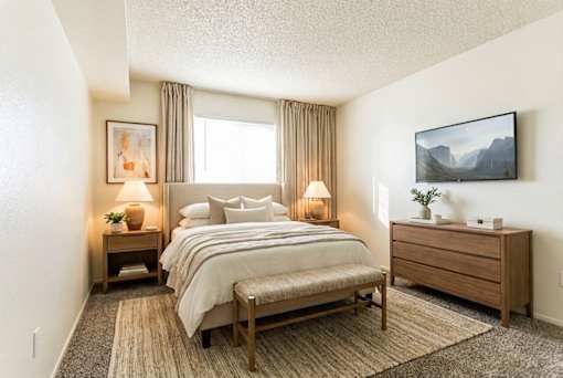 A bedroom with a large bed, a nightstand, and a painting on the wall.