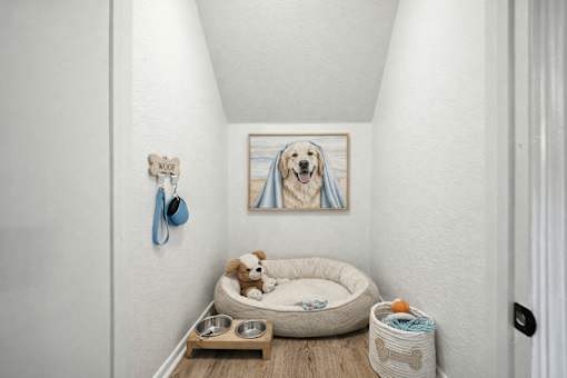 A dog bed with a stuffed dog toy and a bowl of food on a wooden tray. at Waterbridge Apartments , Apartments, Orlando, FL