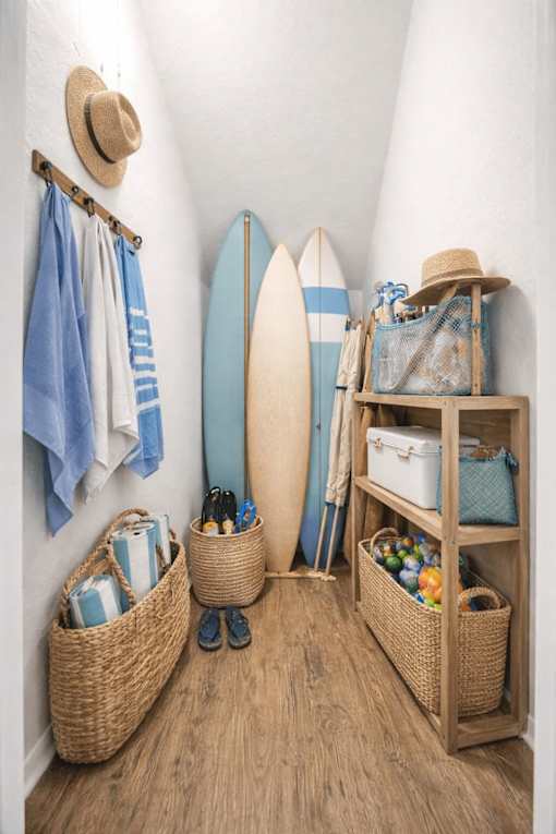 A room with a surfboard and a shelf with baskets and hats. at Waterbridge Apartments , Orlando