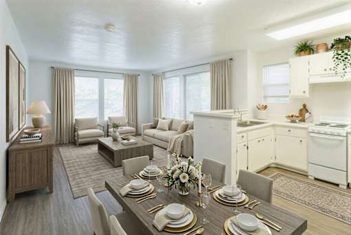 A well-lit, modern dining room with a table set for a meal.