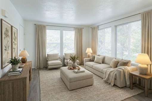 A well-lit, spacious living room with a large window and a comfortable seating area.