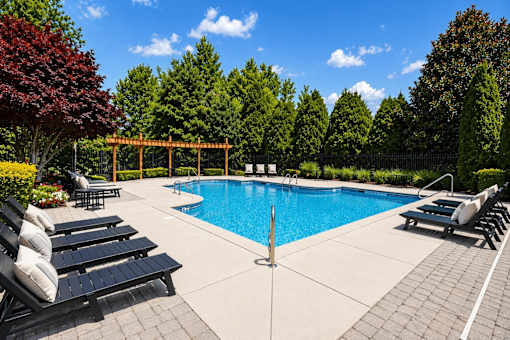 A pool surrounded by trees and lounge chairs.