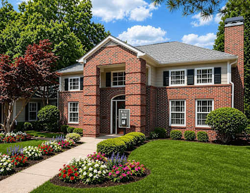 A red brick house with a grey roof and a grey door.
