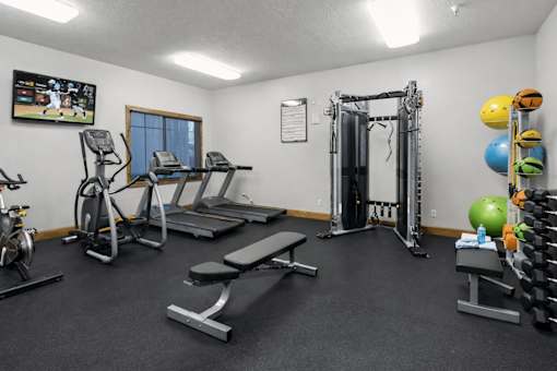 A gym with a variety of equipment including treadmills, weights, and exercise balls.