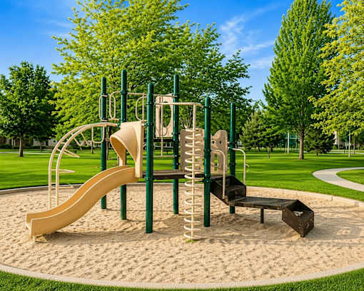 A playground with a slide, swings, and a seesaw.