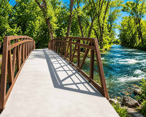 A wooden bridge over a river with trees on both sides.