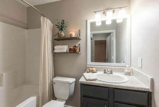 A bathroom with a white toilet, sink, and a mirror.