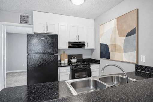 Modern kitchen with black appliances and granite countertops at Davidson Homes Apartments, Concord, North Carolina