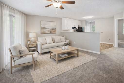 Open concept living area with kitchen view at Davidson Homes Apartments, North Carolina, 28027